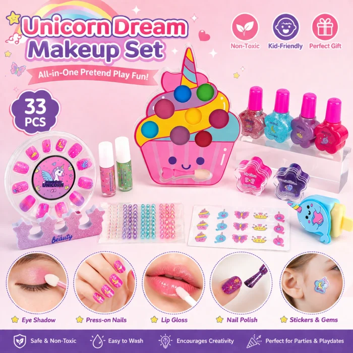33-Piece Cute Unicorn Makeup Set for Kids
