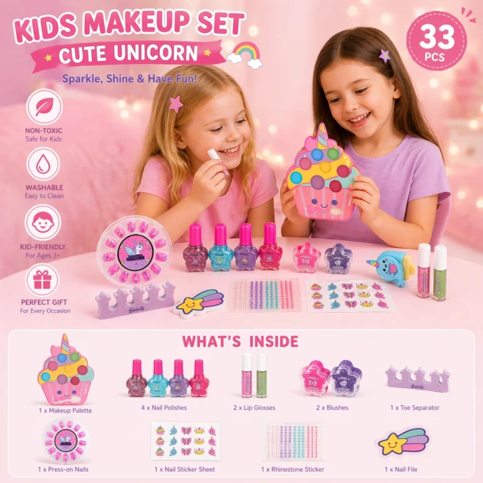 33-Piece Cute Unicorn Makeup Set for Kids