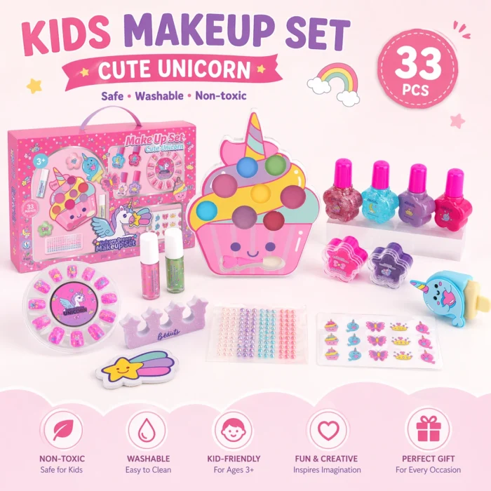 33-Piece Cute Unicorn Makeup Set for Kids